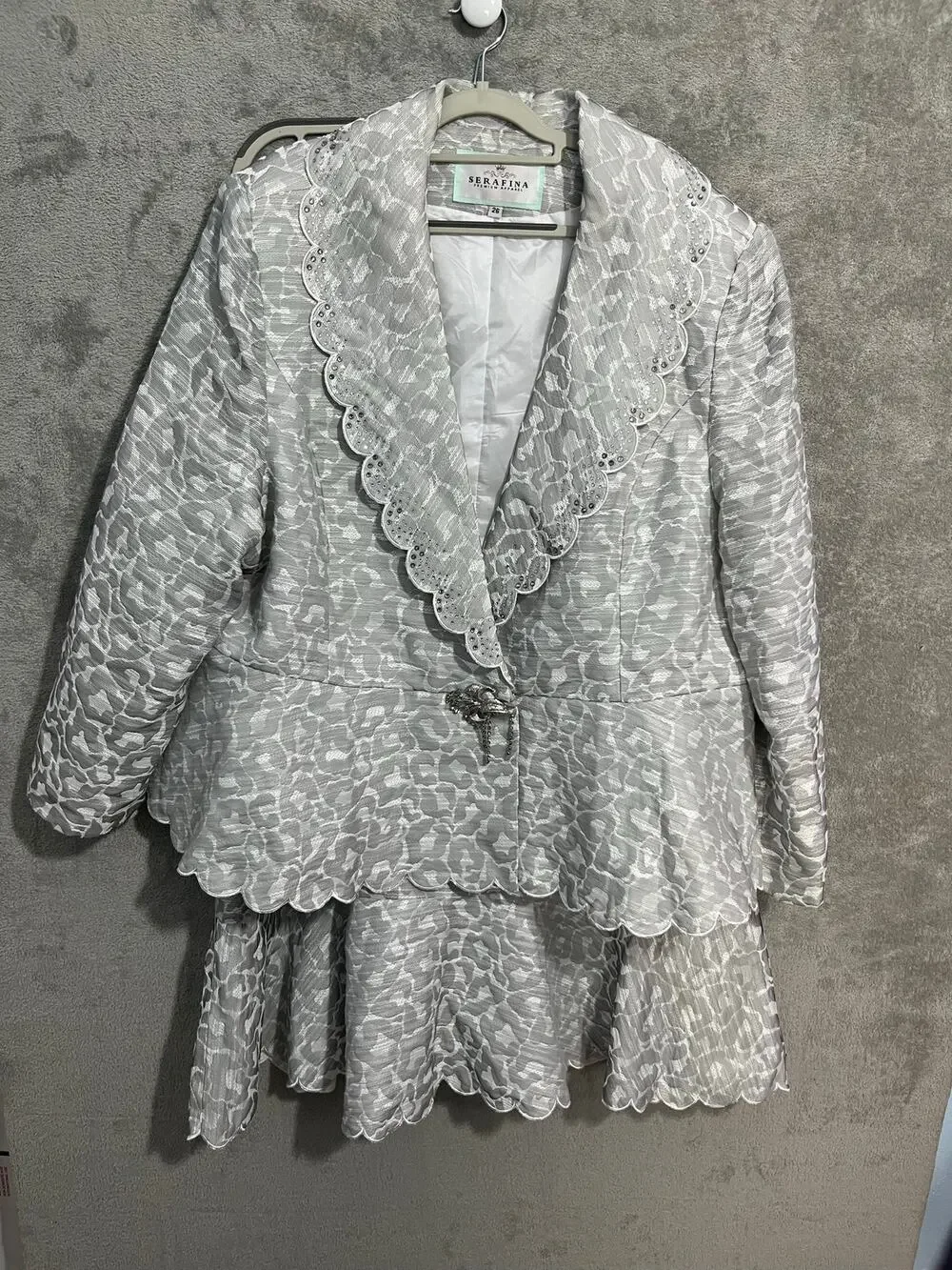 Serafina Brocade Church Suit Size 26 Silver Floral Peplum Sequin Mother of Bride